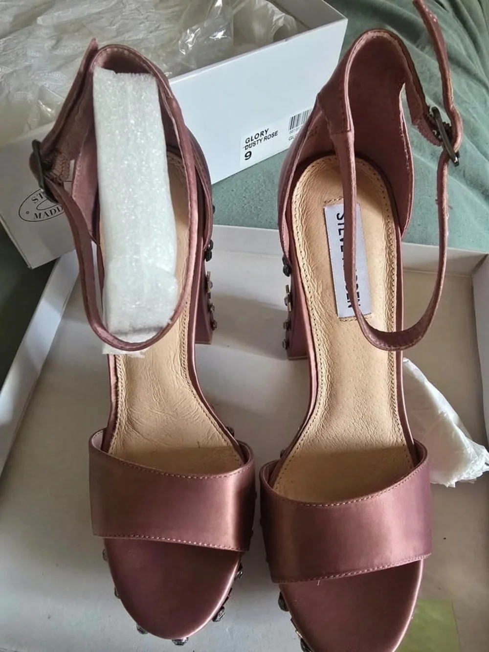 Steve Madden Rose Satin Platform Heels with Star Studs